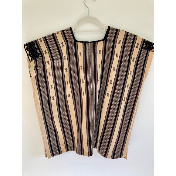 Vintage Huipil Blouse Top ~ Striped & Embroidered Neutrals Black & Tan ~ Sz S M - Picture 3 of 6
